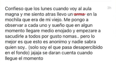 Investigan mensaje amenazante en un chat anónimo de la universidad